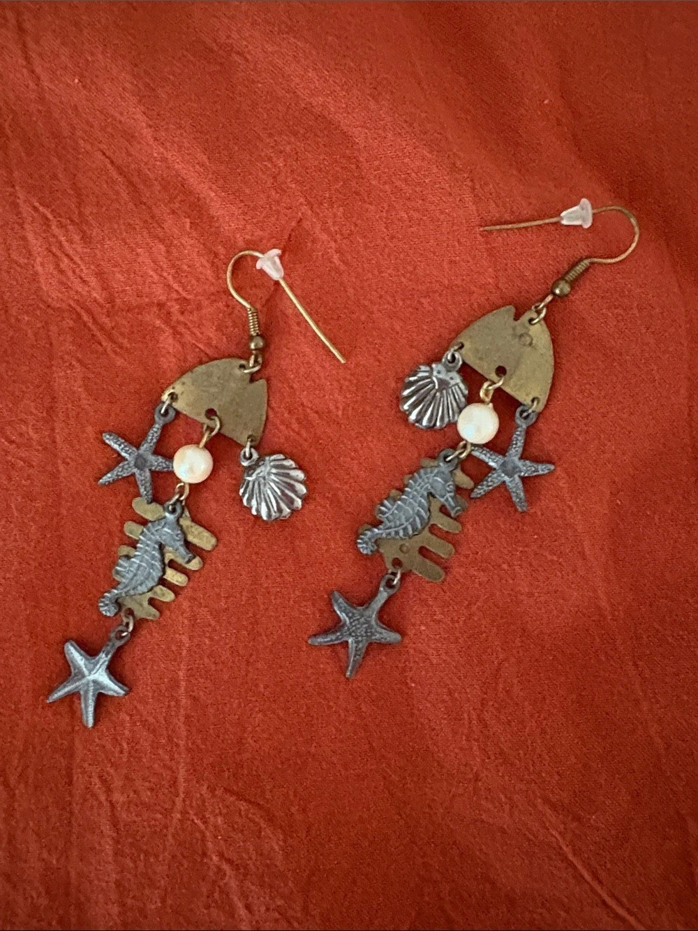 Vintage Ocean Charm Dangle Earrings in Brass & Silver